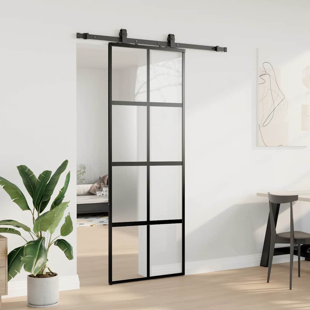 fekete edzett üveg tolóajtó fémszerelék szettel 76x205 cm