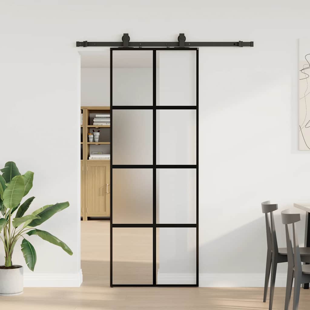 fekete edzett üveg tolóajtó fémszerelék szettel 76x205 cm
