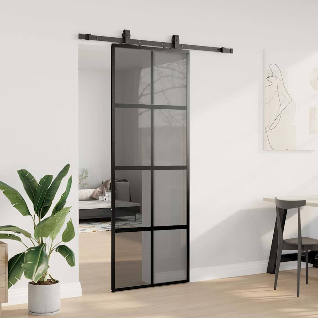 fekete edzett üveg tolóajtó fémszerelék szettel 76x205 cm