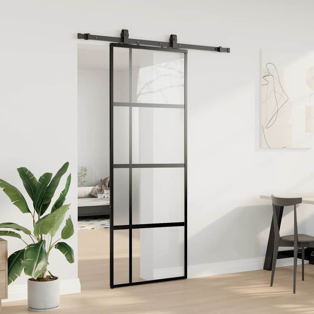 fekete edzett üveg tolóajtó fémszerelék szettel 76x205 cm