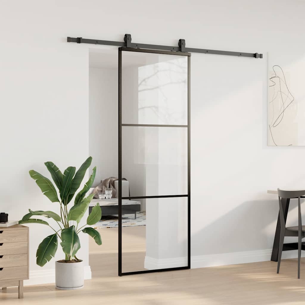 fekete ESG üveg tolóajtó fémszerelvény-szettel 76x205 cm