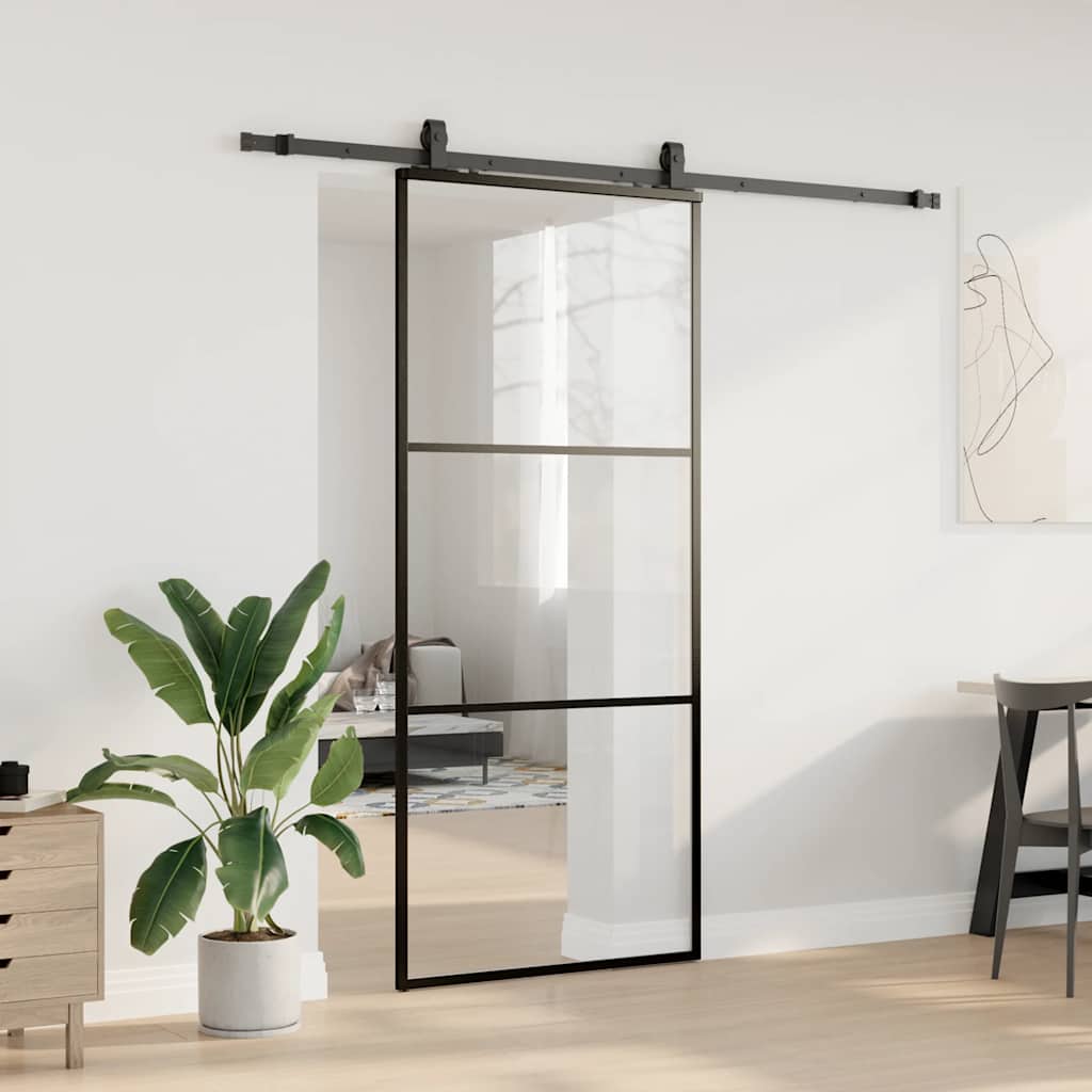 fekete ESG üveg tolóajtó fémszerelvény-szettel 90x205 cm