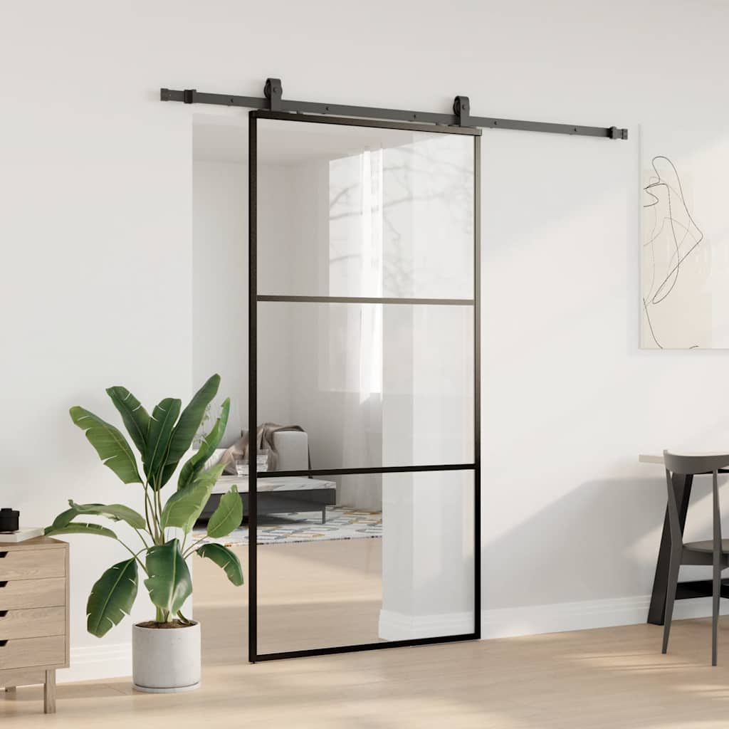 fekete ESG üveg tolóajtó fémszerelvény-szettel 102x205 cm
