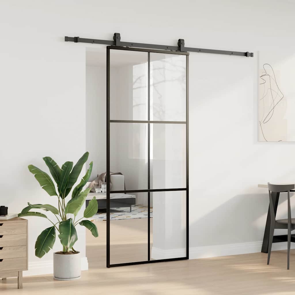 fekete ESG üveg tolóajtó fémszerelvény-szettel 90x205 cm