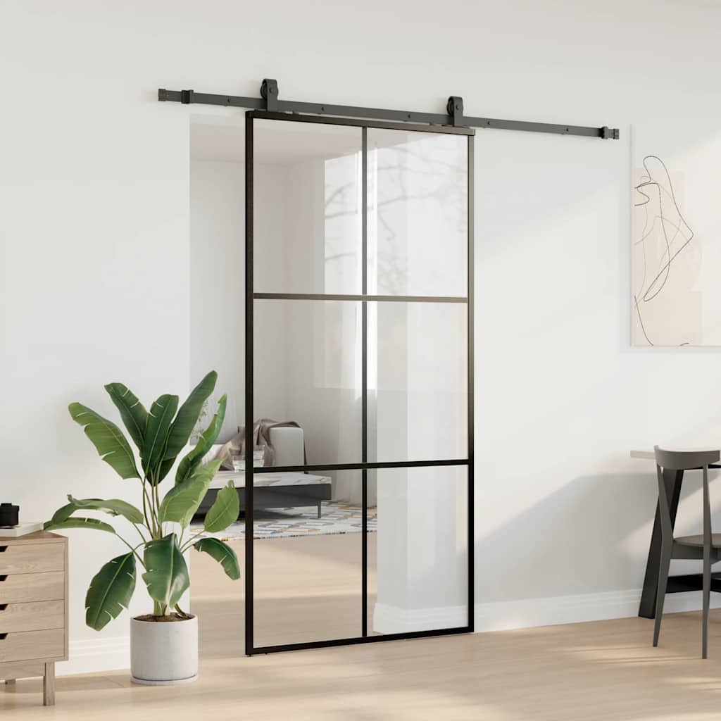 fekete ESG üveg tolóajtó fémszerelvény-szettel 102x205 cm