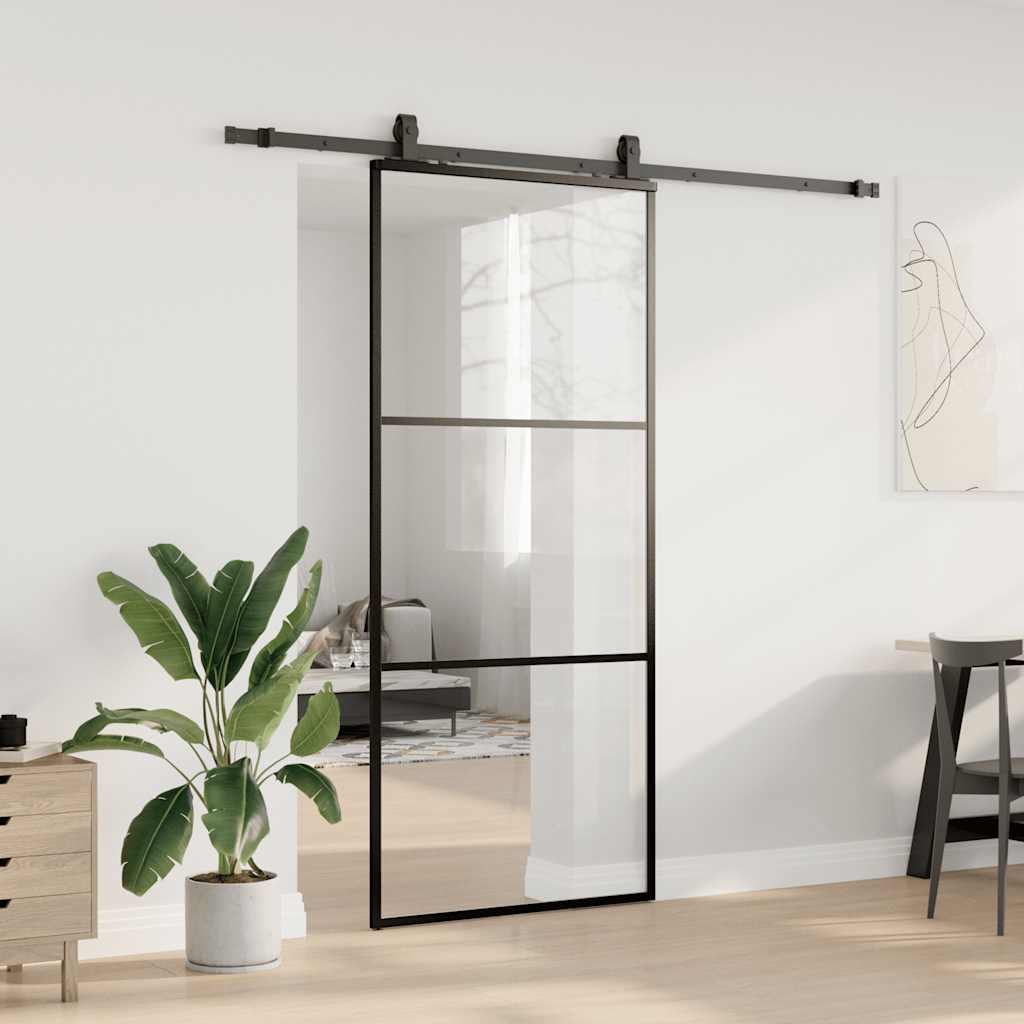 fekete ESG üveg tolóajtó fémszerelvény-szettel 90x205 cm