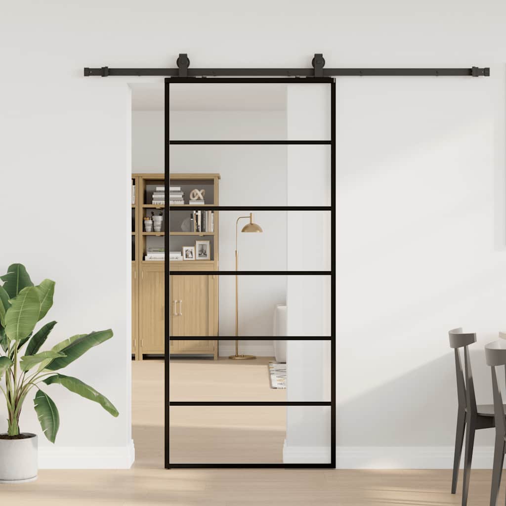 fekete ESG üveg tolóajtó fémszerelvény-szettel 90x205 cm