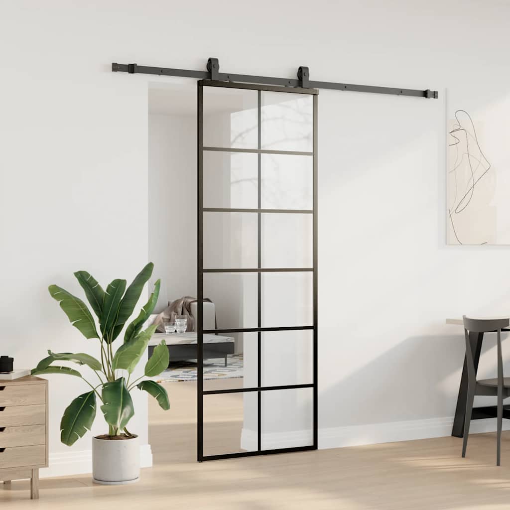 fekete ESG üveg tolóajtó fémszerelvény-szettel 76x205 cm