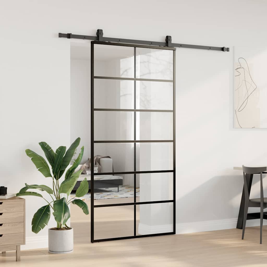 fekete ESG üveg tolóajtó fémszerelvény-szettel 102x205 cm