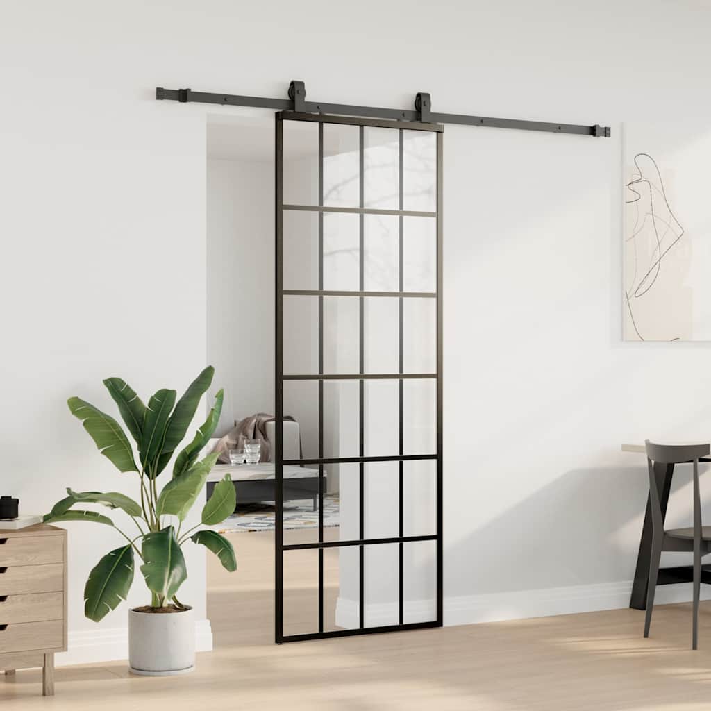 fekete ESG üveg tolóajtó fémszerelvény-szettel 76x205 cm