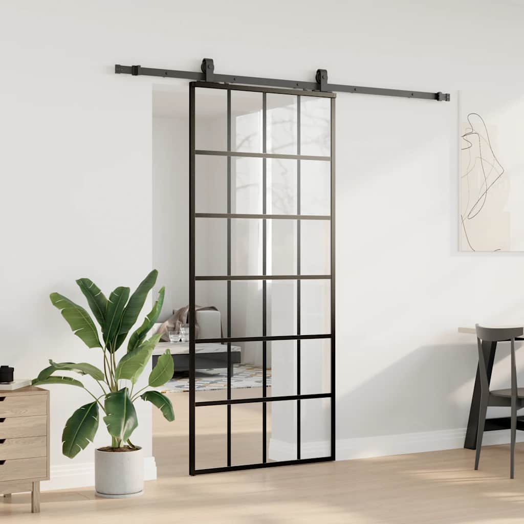 fekete ESG üveg tolóajtó fémszerelvény-szettel 90x205 cm