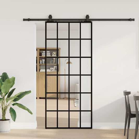 fekete ESG üveg tolóajtó fémszerelvény-szettel 90x205 cm