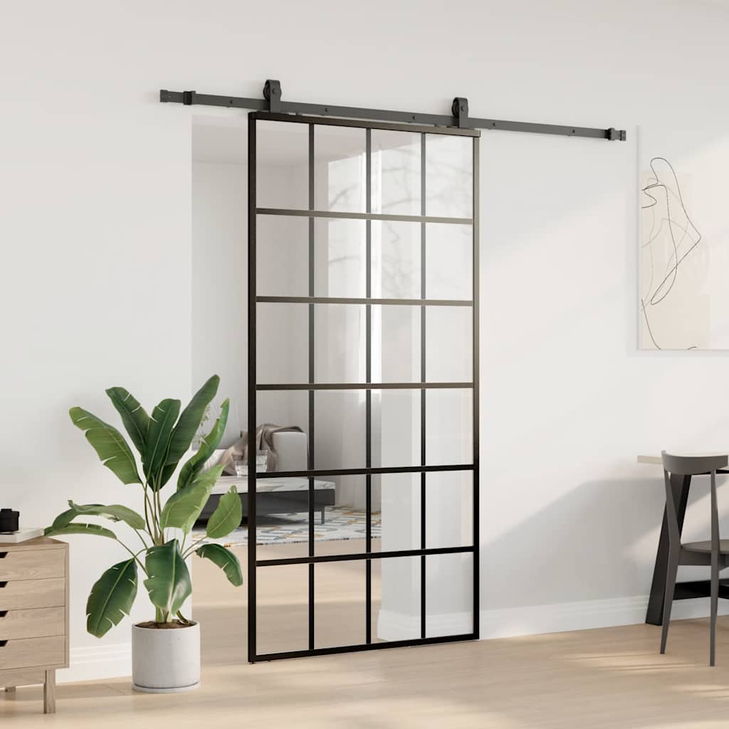 fekete ESG üveg tolóajtó fémszerelvény-szettel 102x205 cm