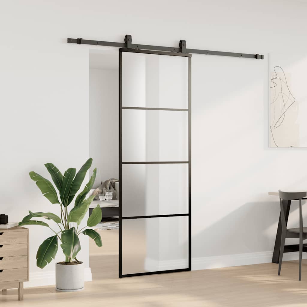 fekete ESG üveg tolóajtó fémszerelvény-szettel 76x205 cm