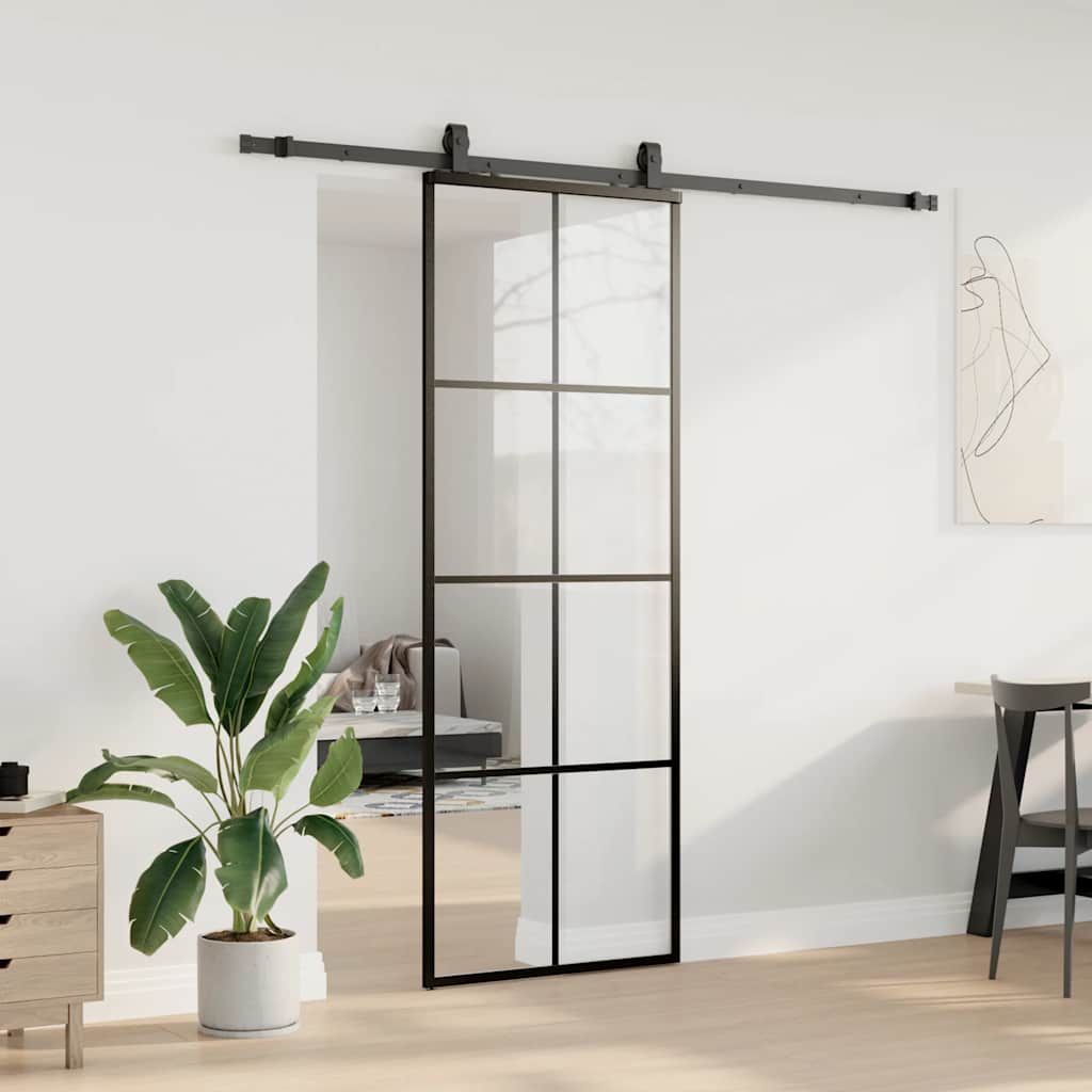 fekete ESG üveg tolóajtó fémszerelvény-szettel 76x205 cm