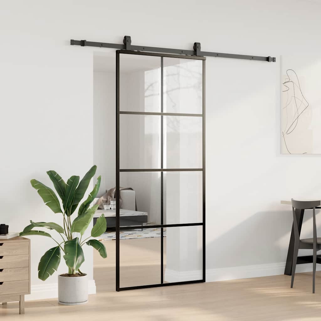 fekete ESG üveg tolóajtó fémszerelvény-szettel 90x205 cm
