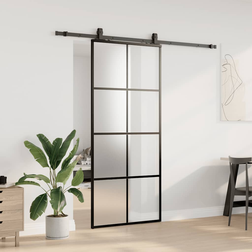fekete ESG üveg tolóajtó fémszerelvény-szettel 90x205 cm