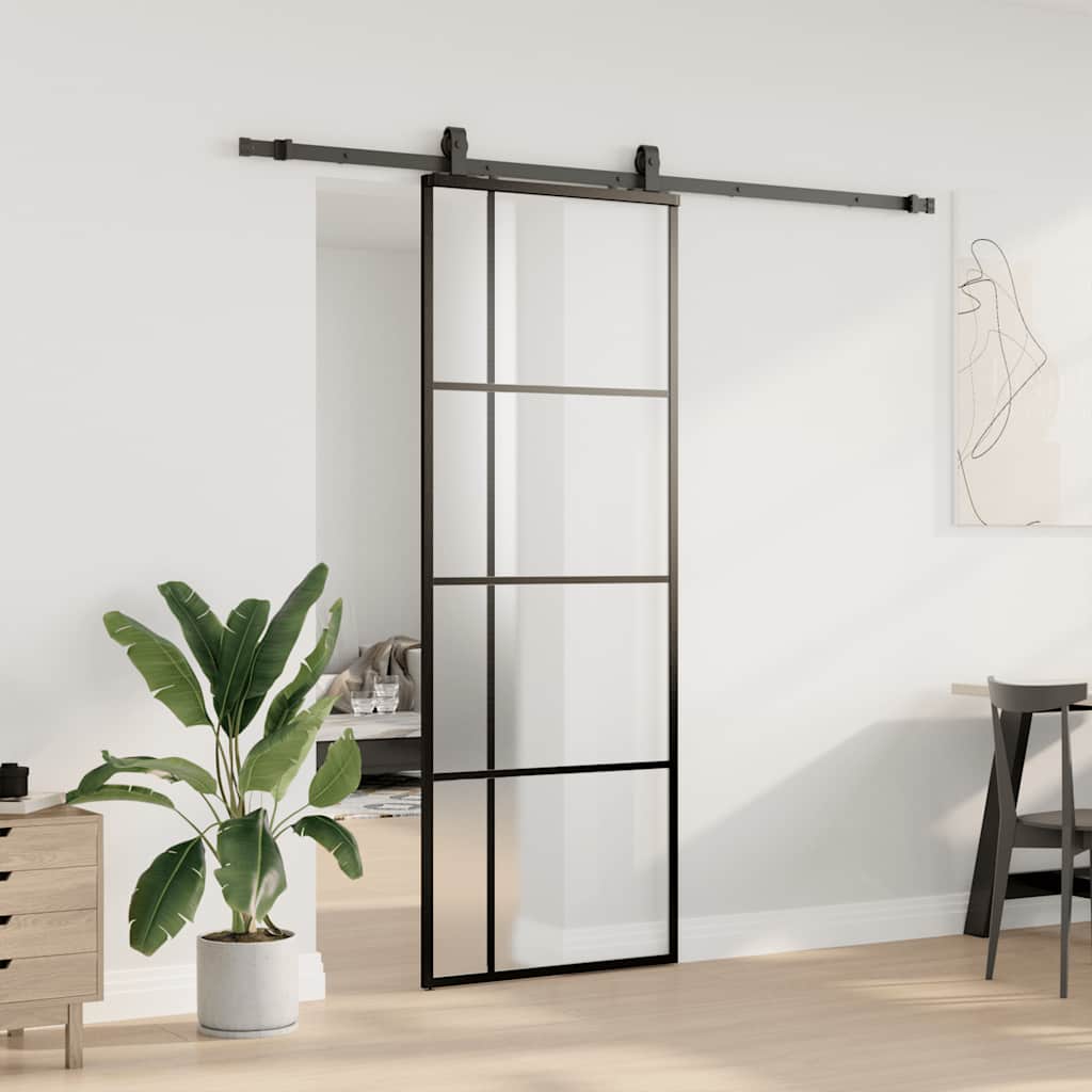 fekete ESG üveg tolóajtó fémszerelvény-szettel 76x205 cm