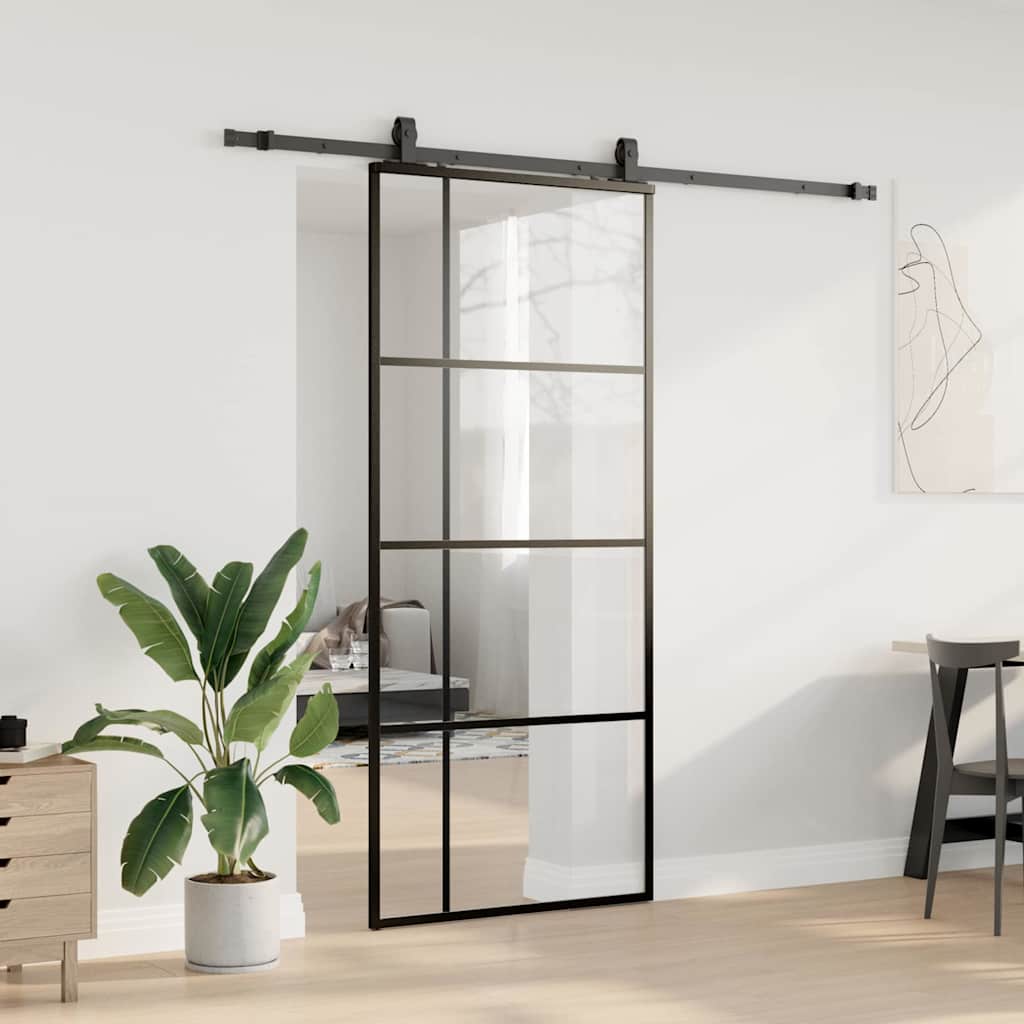 fekete ESG üveg tolóajtó fémszerelvény-szettel 90x205 cm