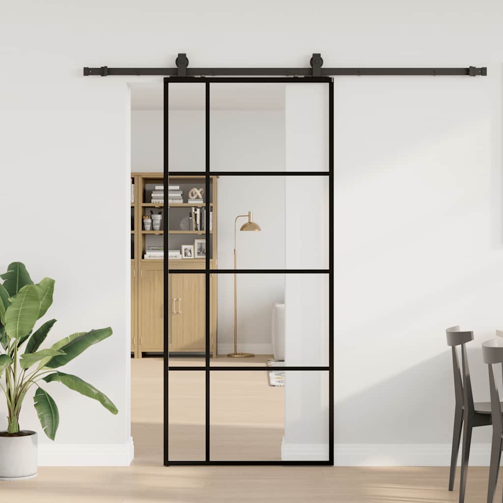 fekete ESG üveg tolóajtó fémszerelvény-szettel 90x205 cm