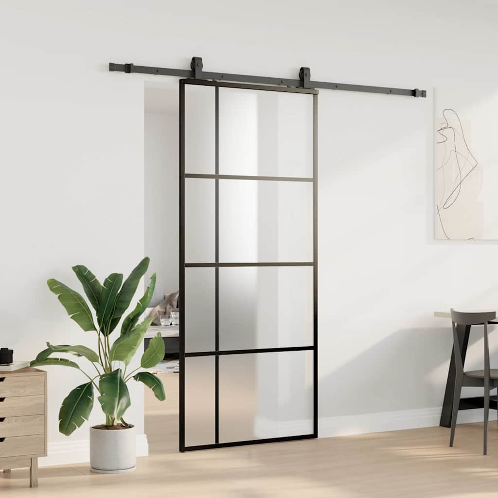 fekete ESG üveg tolóajtó fémszerelvény-szettel 90x205 cm