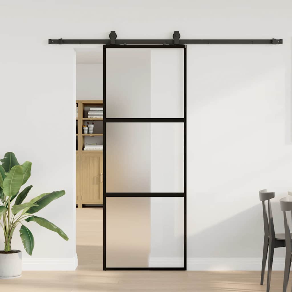 fekete edzett üveg tolóajtó fémszerelék szettel 76x205 cm