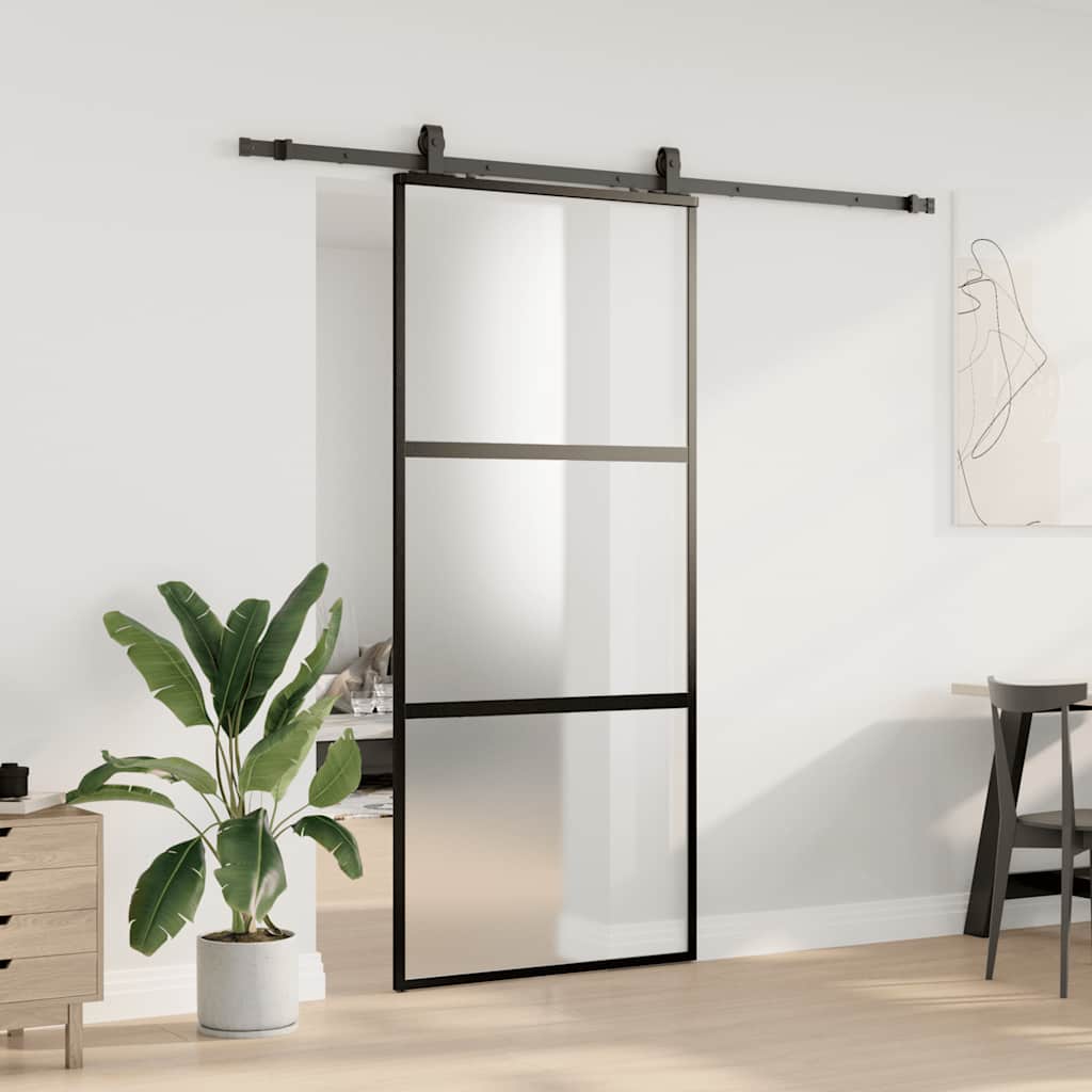 fekete edzett üveg tolóajtó fémszerelék szettel 90x205 cm