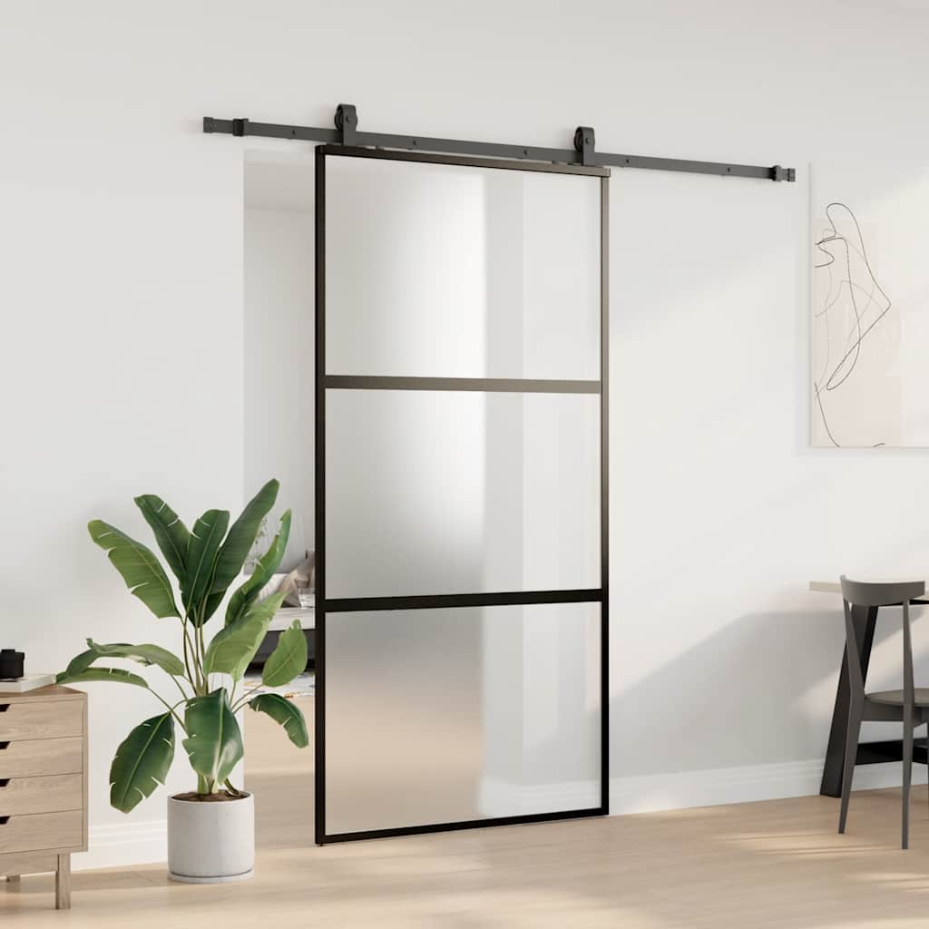 fekete edzett üveg tolóajtó fémszerelék szettel 102,5x205 cm