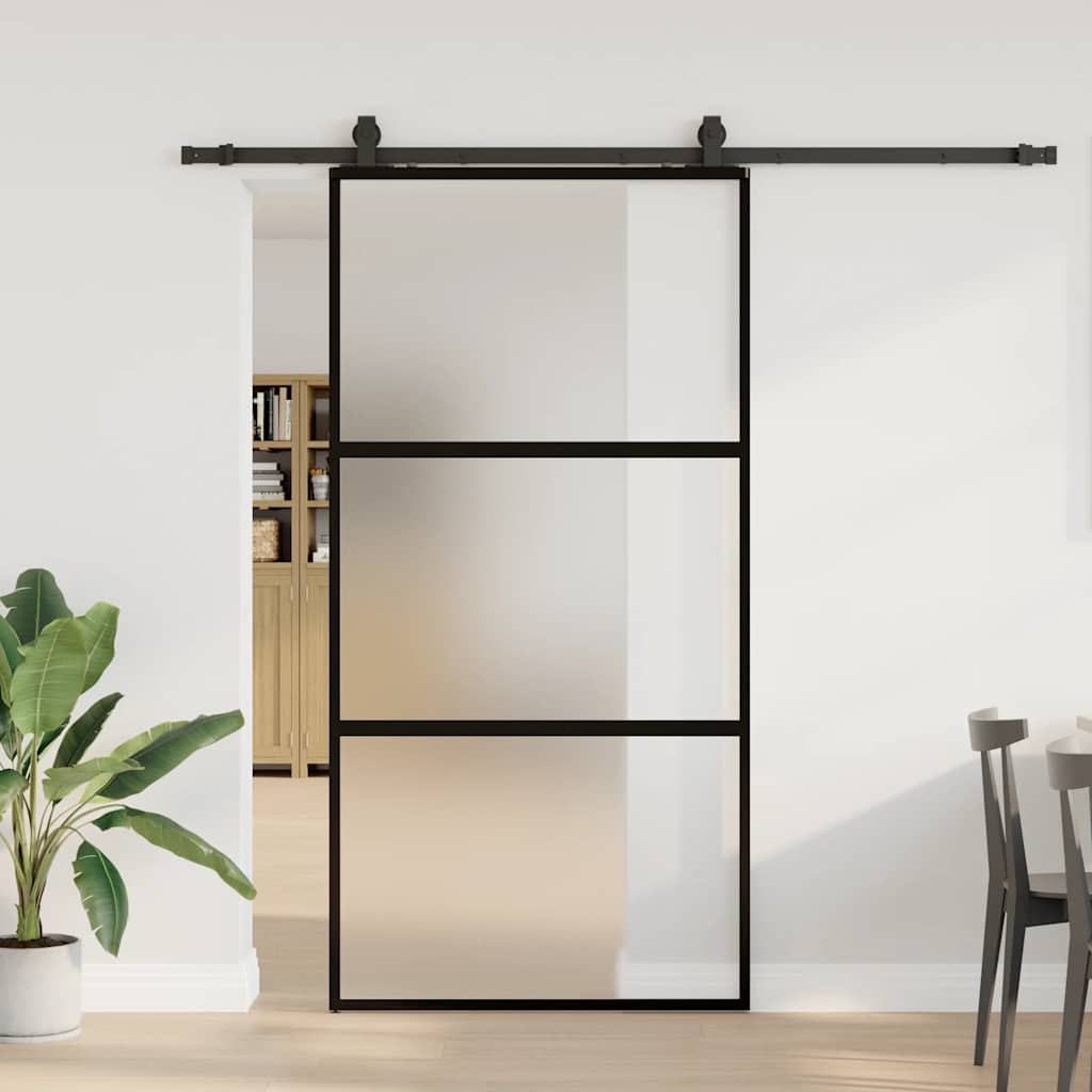 fekete edzett üveg tolóajtó fémszerelék szettel 102,5x205 cm