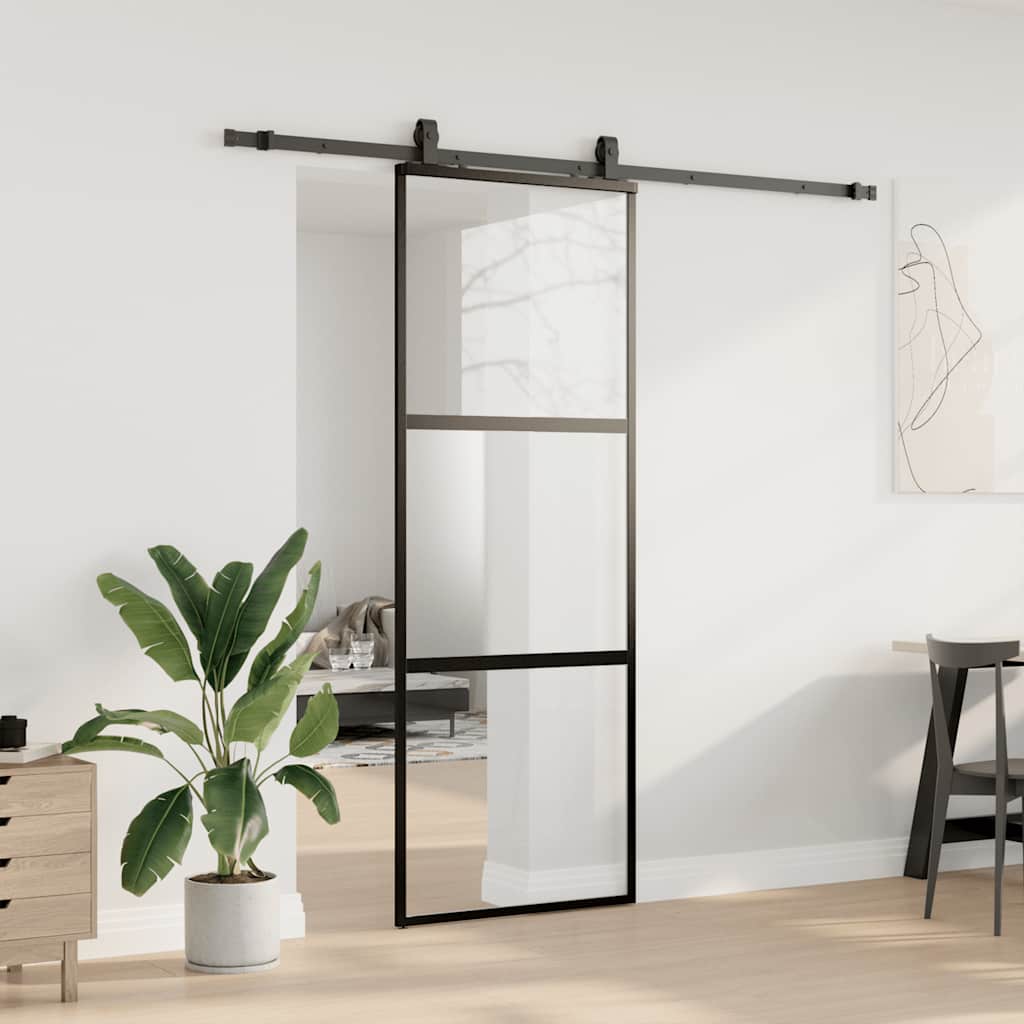 fekete edzett üveg tolóajtó fémszerelék szettel 76x205 cm