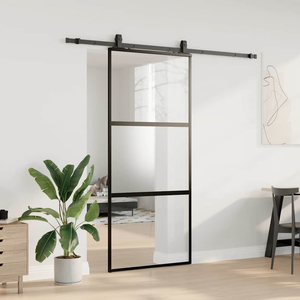 fekete edzett üveg tolóajtó fémszerelék szettel 90x205 cm
