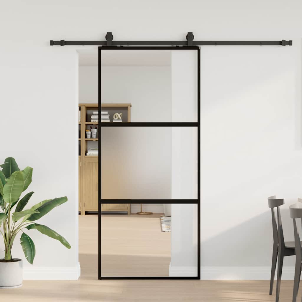 fekete edzett üveg tolóajtó fémszerelék szettel 90x205 cm
