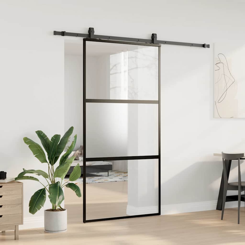 fekete edzett üveg tolóajtó fémszerelék szettel 102,5x205 cm