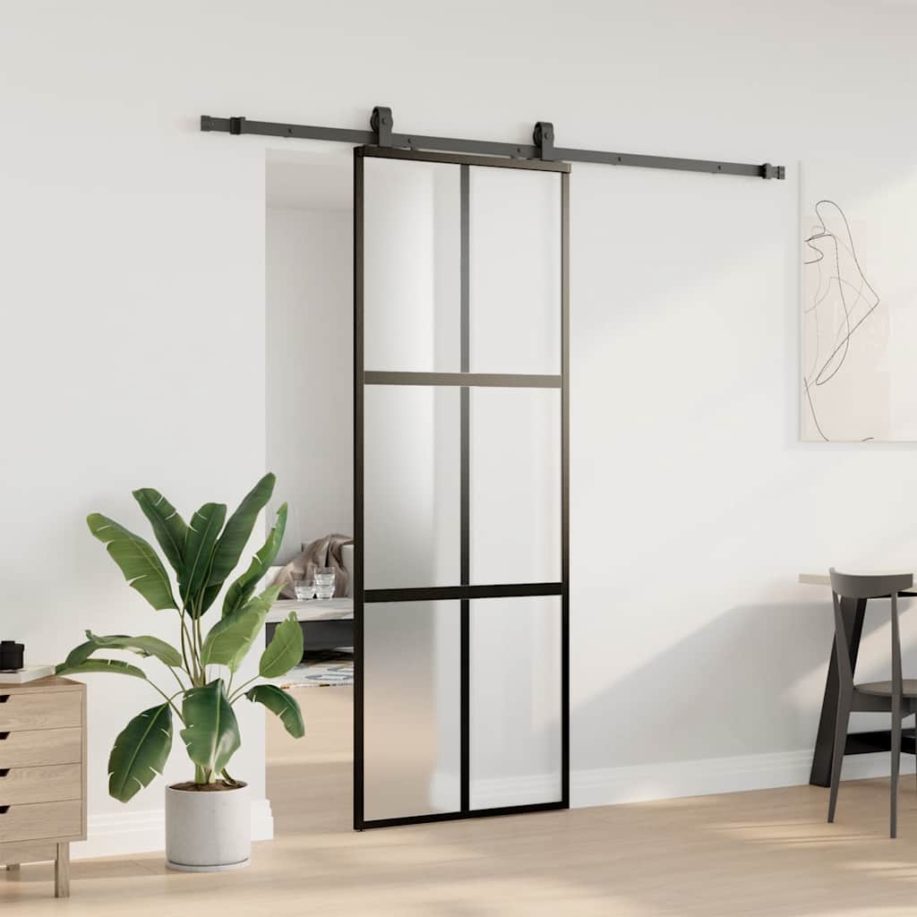fekete edzett üveg tolóajtó fémszerelék szettel 76x205 cm