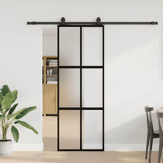 fekete edzett üveg tolóajtó fémszerelék szettel 76x205 cm