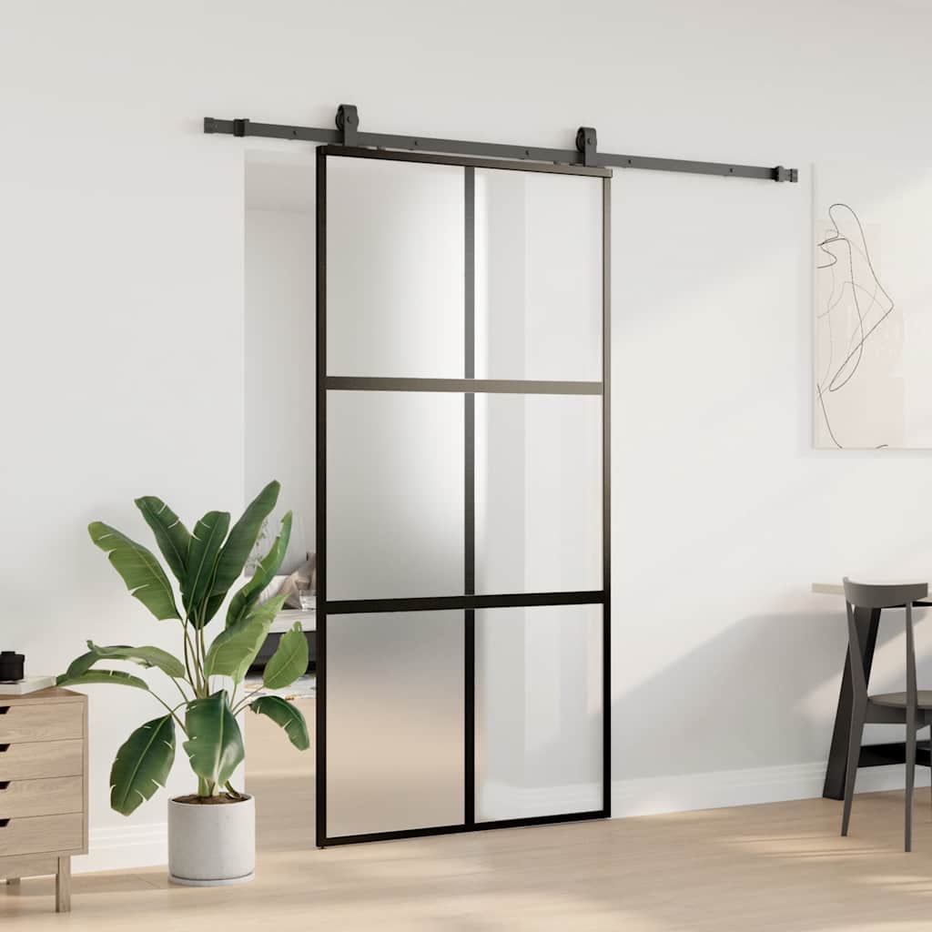 fekete edzett üveg tolóajtó fémszerelék szettel 102,5x205 cm