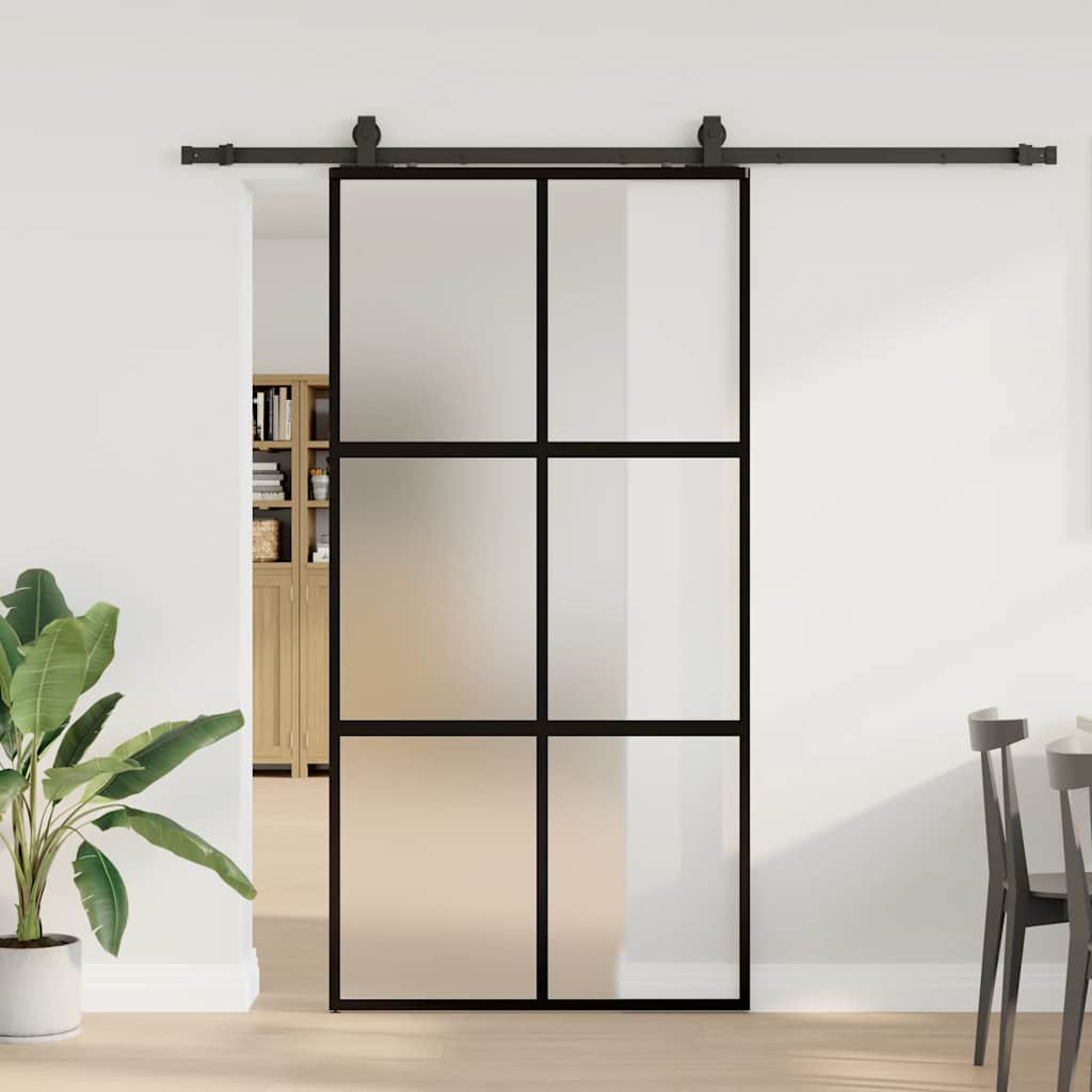 fekete edzett üveg tolóajtó fémszerelék szettel 102,5x205 cm
