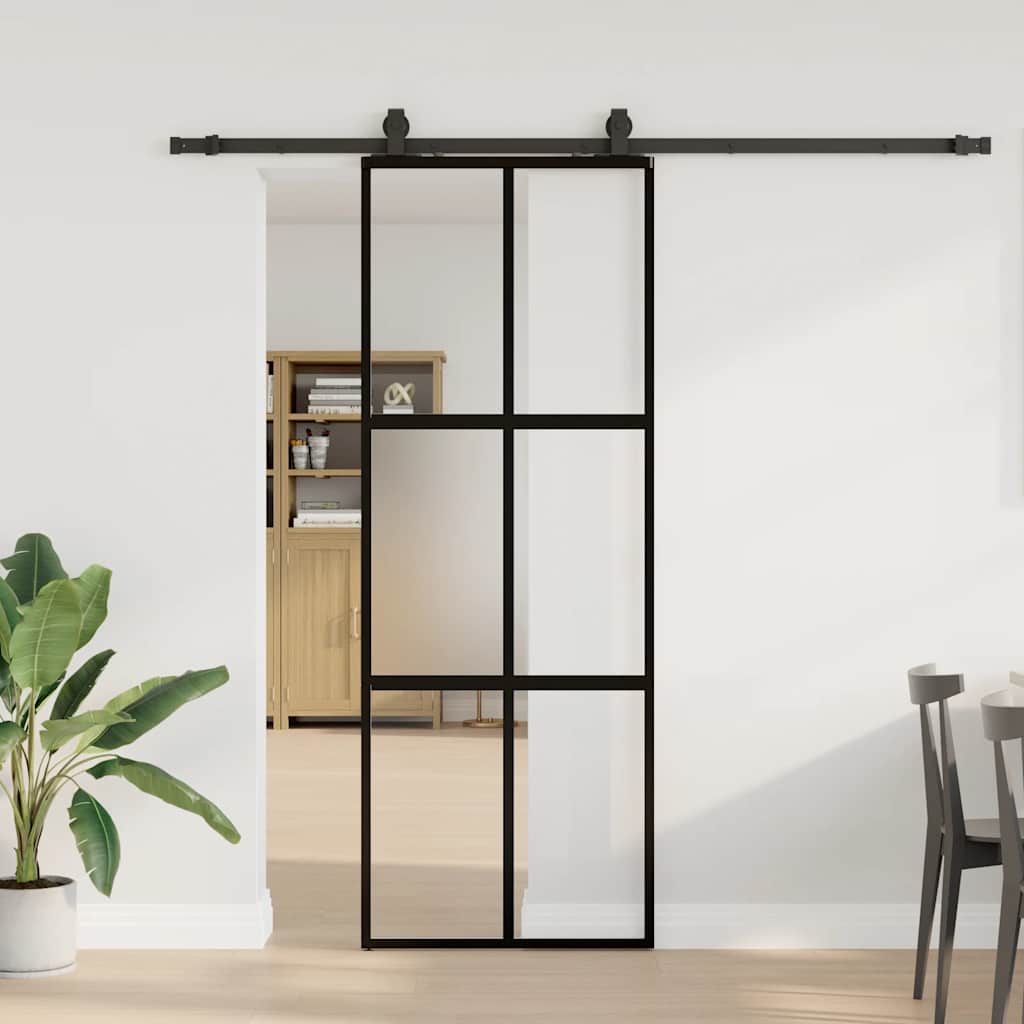 fekete edzett üveg tolóajtó fémszerelék szettel 76x205 cm