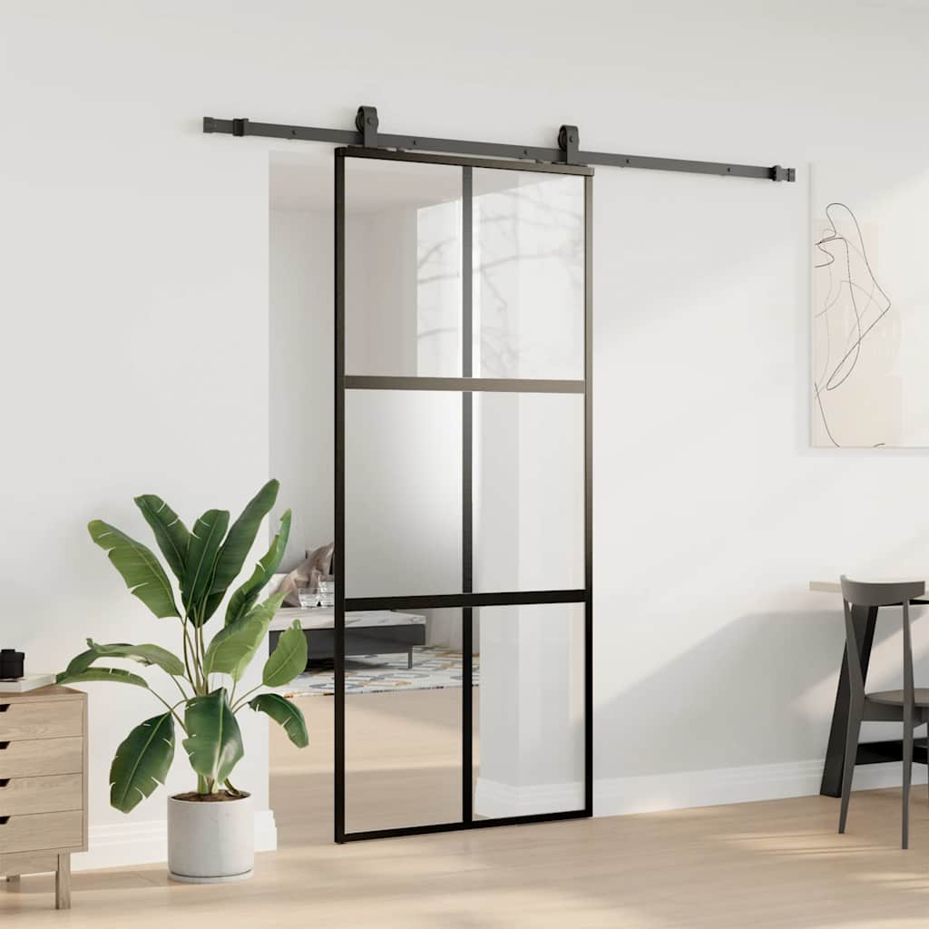fekete edzett üveg tolóajtó fémszerelék szettel 90x205 cm