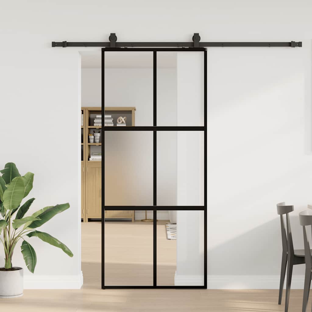 fekete edzett üveg tolóajtó fémszerelék szettel 90x205 cm
