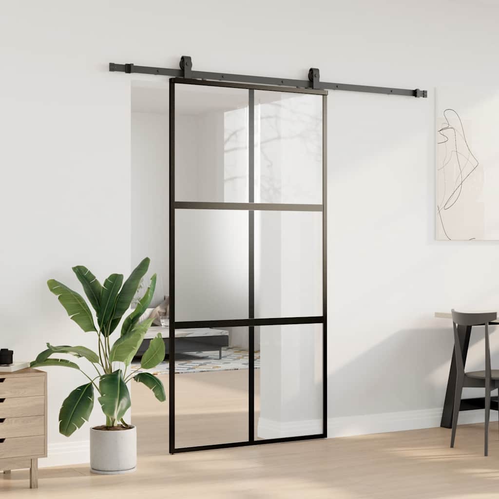 fekete edzett üveg tolóajtó fémszerelék szettel 102,5x205 cm