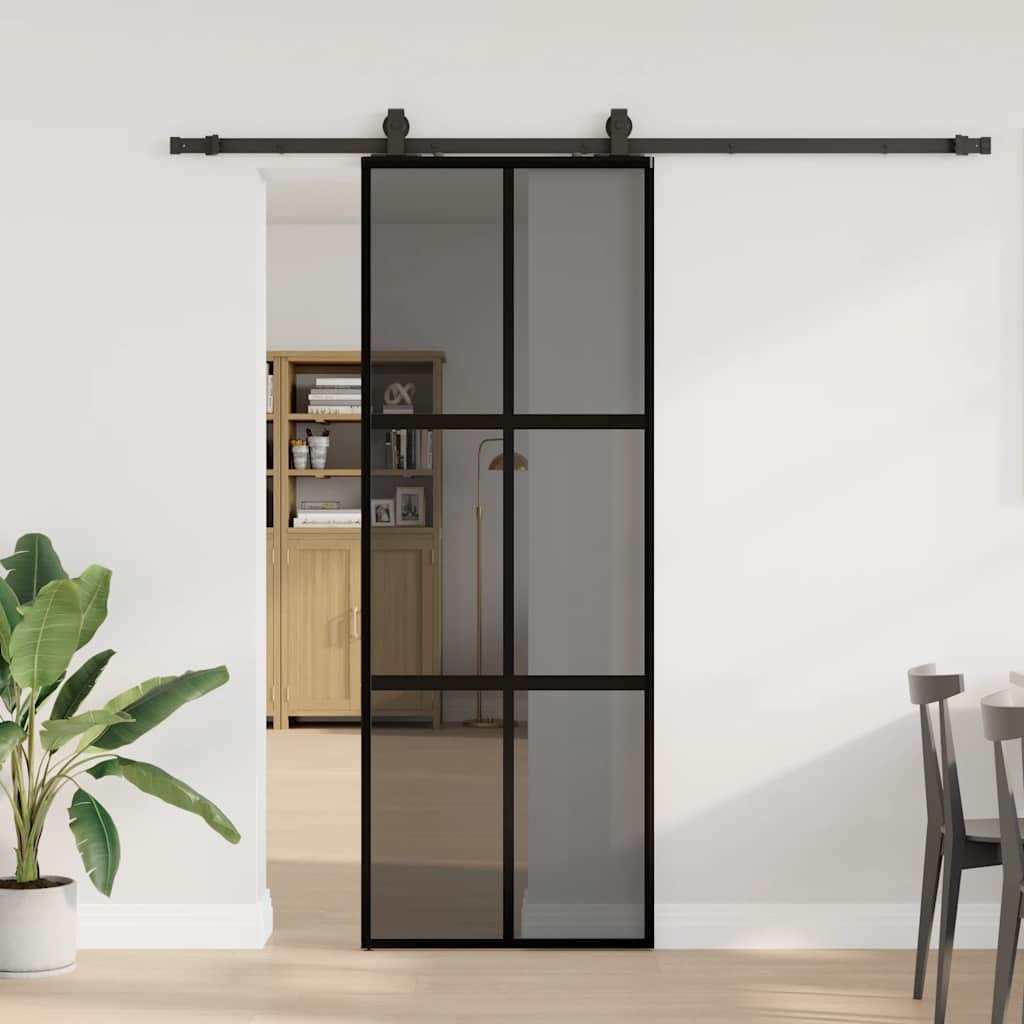fekete edzett üveg tolóajtó fémszerelék szettel 76x205 cm