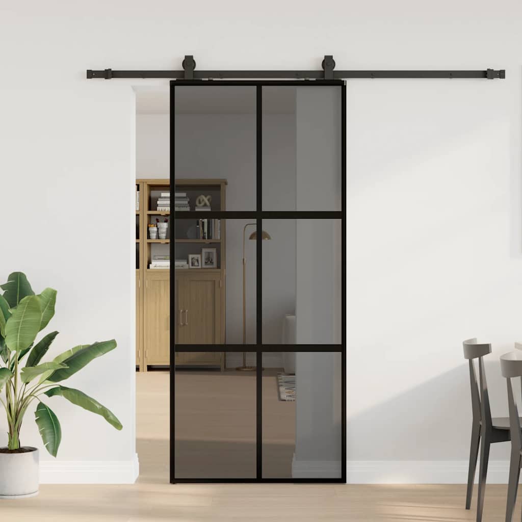 fekete edzett üveg tolóajtó fémszerelék szettel 90x205 cm