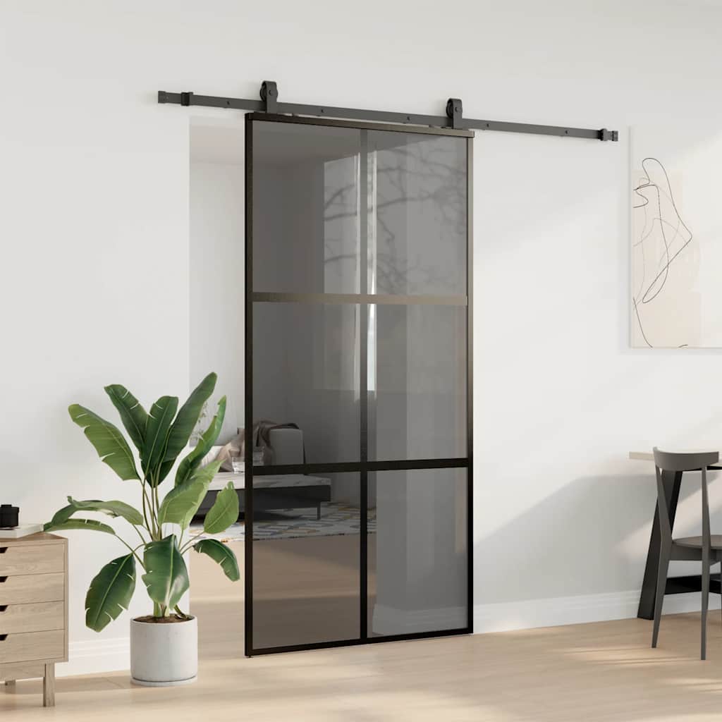 fekete edzett üveg tolóajtó fémszerelék szettel 102,5x205 cm