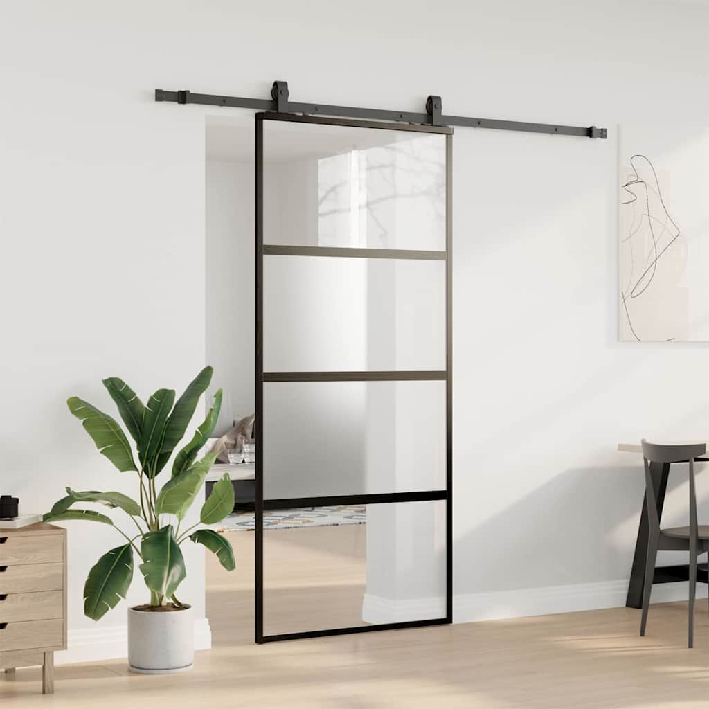 fekete edzett üveg tolóajtó fémszerelék szettel 90x205 cm