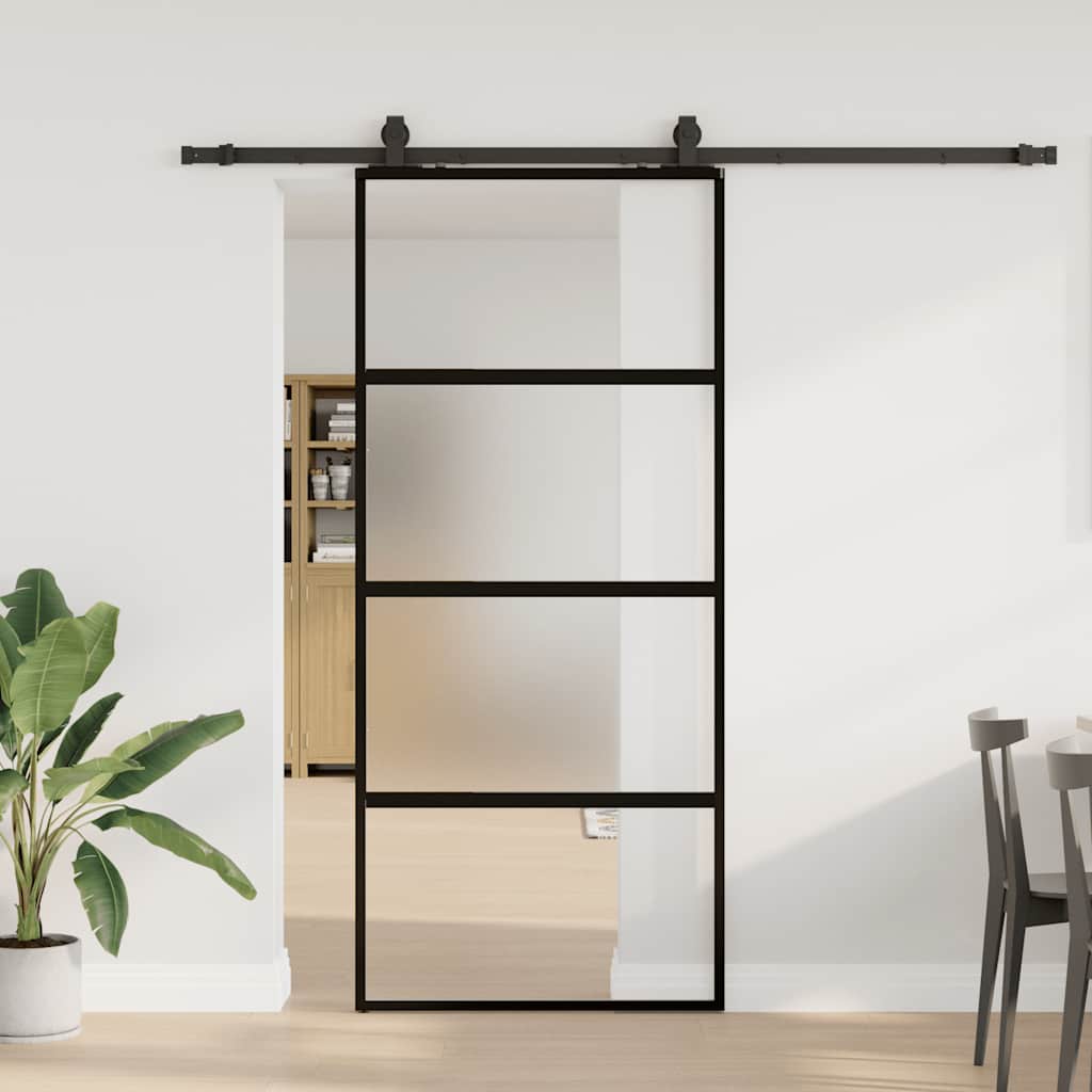 fekete edzett üveg tolóajtó fémszerelék szettel 90x205 cm