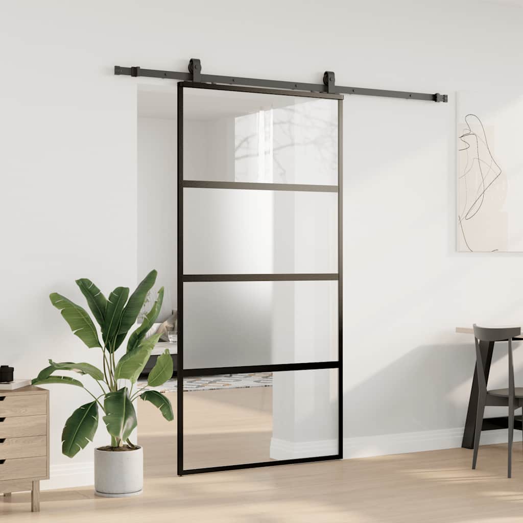 fekete edzett üveg tolóajtó fémszerelék szettel 102,5x205 cm