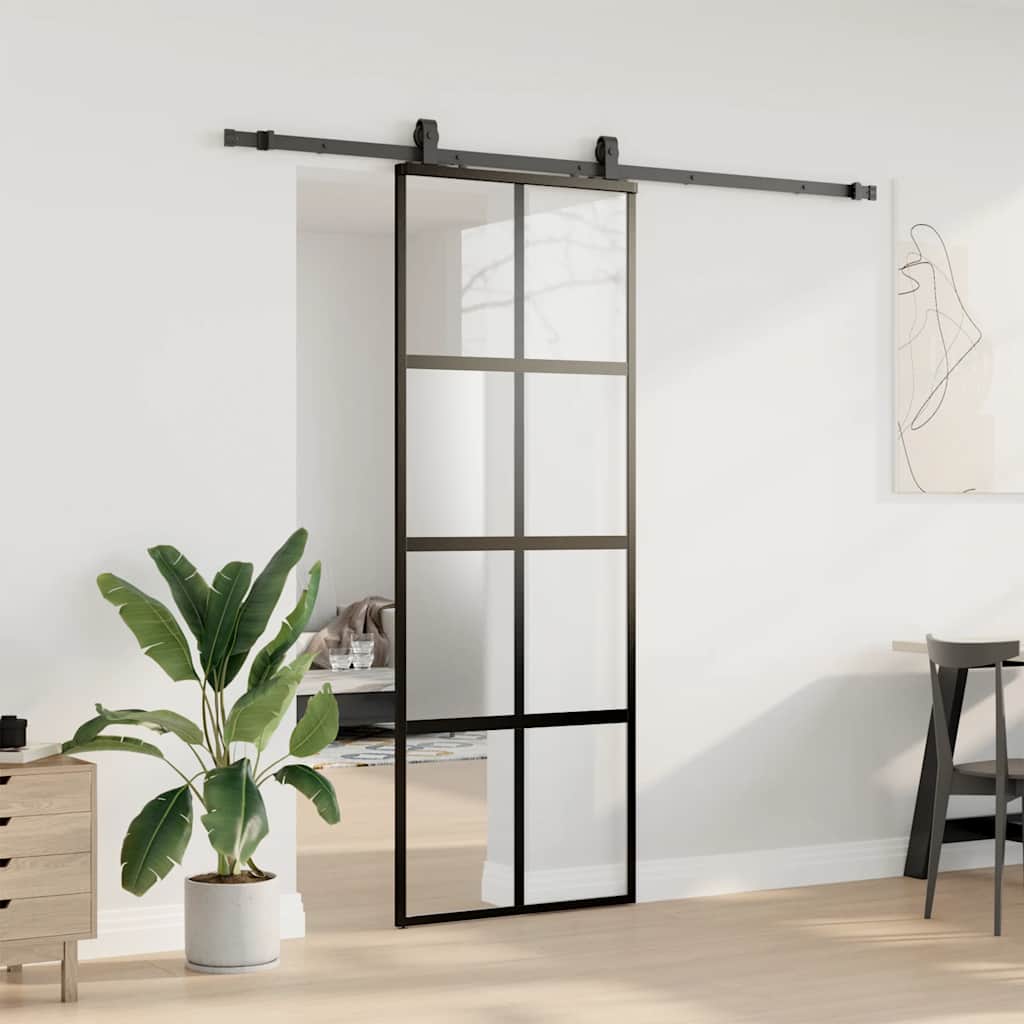 fekete edzett üveg tolóajtó fémszerelék szettel 76x205 cm