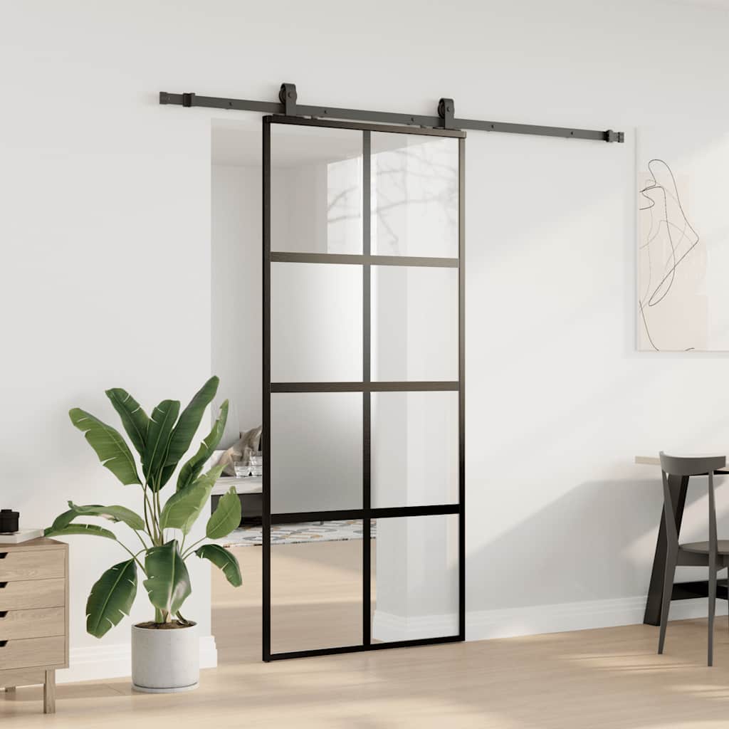 fekete edzett üveg tolóajtó fémszerelék szettel 90x205 cm