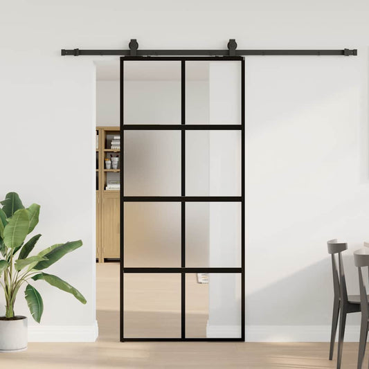 fekete edzett üveg tolóajtó fémszerelék szettel 90x205 cm
